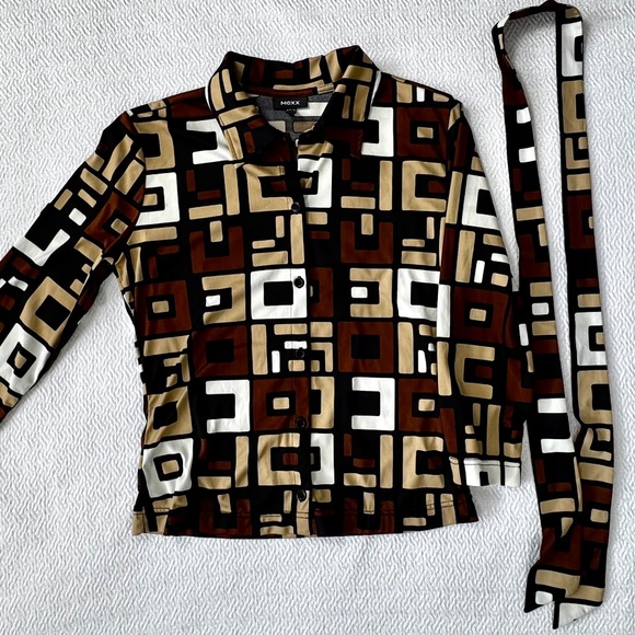 Vintage Retro Art Deco 70's Style Y2K Shirt Tie/Belt 3/4 Sleeves Brown Size XS - Picture 3 of 12
